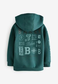 Roheline kapuutsiga sviiter, millel on erinevad logod ja tekst kontrastsetes värvides. Tekst sisaldab "BAKER" ja "by Ted Baker." Varrukate ja alaosa äärised on ribitud.