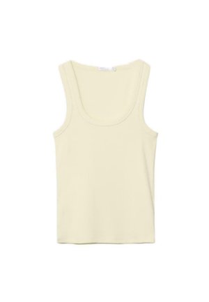 Kremowa bezrękawnikowa koszulka na ramiączkach z okrągłym dekoltem i prostym szwem, przedstawiona na białym tle.