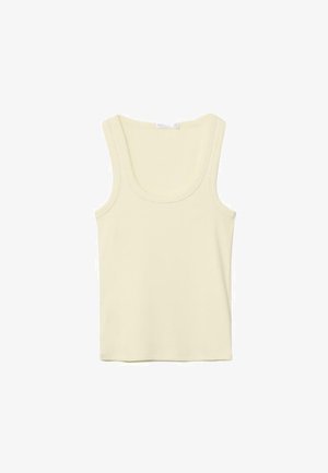 Kremowa bezrękawnikowa koszulka na ramiączkach z okrągłym dekoltem i prostym szwem, przedstawiona na białym tle.