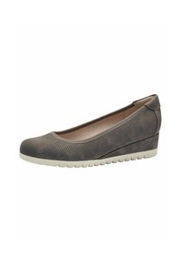Gray wedge shoe made of perforated material with a smooth toe cap and a textured back, featuring a flexible white outsole.