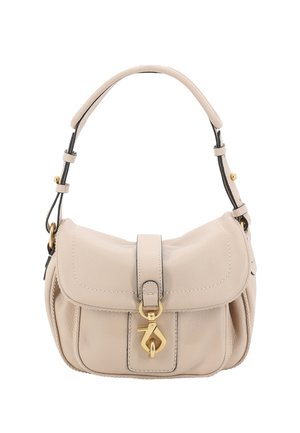 Beige leather handbag with a rounded shape, stitched detailing, a flap closure, and an adjustable strap. Gold-tone hardware accents.