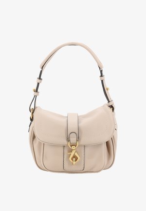 Beige Lederhandtasche mit runder Form, gesteppten Details, einem Klappenverschluss und einem verstellbaren Tragegurt. Akzente in goldenem Farbton.