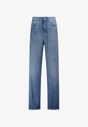 Lichtblauwe spijkerbroek van denim, hoog in de taille met een rechte pijp, voorzien van twee voorzakken, een bovenste knoop en rafelige zoomdetails.