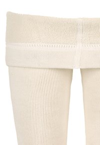 Kniestrümpfe in Cremefarbe mit einem weichen, strukturierten Bund oben und einem durchgehend gerippten Design. Glatte Nahtdetails sind sichtbar.