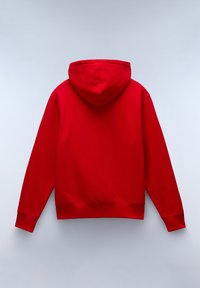 Felpa rossa con cappuccio, maniche lunghe, polsini e orlo a coste. Tessuto liscio, senza motivi o decorazioni visibili. Vista posteriore solo.