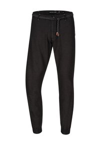 Zwarte broek gemaakt van een zachte, gestructureerde stof; heeft een gevlochten trekkoord in de taille en elastische manchetten voor een aansluitende look.