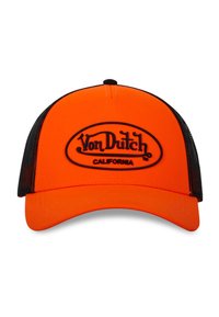 Oranža krava cepure ar melnu sietu aizmuguri, kurai ir izšūta melna ovāla logo ar tekstiem "Von Dutch" un "California".