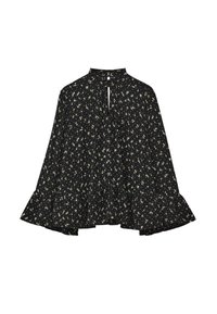 Schwarze Bluse mit floralem Muster, hohem Kragen, gerafftem Stoff und ausgestellten Ärmeln. Leichtes Material mit einem gerafften unteren Saum.