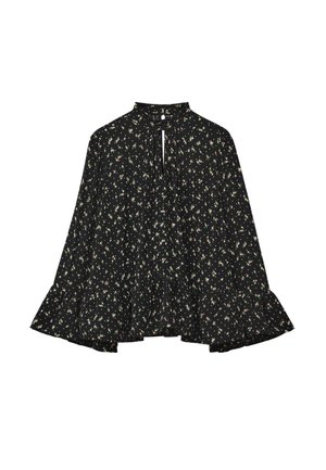 Schwarze Bluse mit floralem Muster, hohem Kragen, gerafftem Stoff und ausgestellten Ärmeln. Leichtes Material mit einem gerafften unteren Saum.