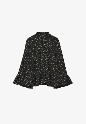 Czarna bluzka w kwiatowy wzór, z wysokim dekoltem, marszczonym materiałem i szerokimi rękawami. Lekki materiał z falbaniastym dolnym brzegiem.