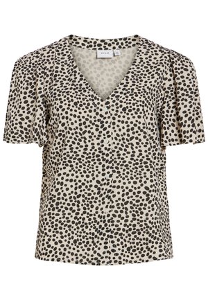 Beige kortærmet bluse med uregelmæssige sorte polkaprikker, V-hals og knapper foran, lavet af mærket VILA.