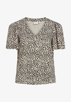 Beige kortærmet bluse med uregelmæssige sorte polkaprikker, V-hals og knapper foran, lavet af mærket VILA.