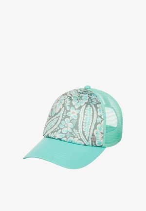 Trucker cap with a floral-patterned gray front panel, mint green visor, and mesh back. Features a small silver logo on the side.