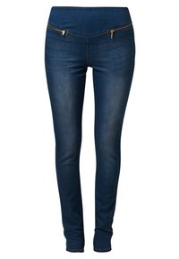 Skinny jeans in dark blue denim. Features a high waist, two zippered pockets at the front, and a smooth texture with minimal fading.
