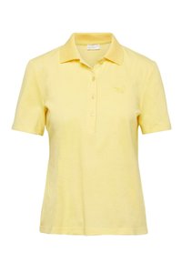 Gelbes Poloshirt aus Baumwolle mit kurzen Ärmeln, einem Kragen und einer Knopfleiste mit drei Knöpfen. Verfügt über ein dezentes gesticktes Logo auf der Brust.