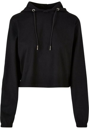 Zwarte cropped hoodie met lange mouwen, trekkoordkap en elastische manchetten. Gladde textuur, zilveren hardware op de trekkoorden, eenvoudig design.