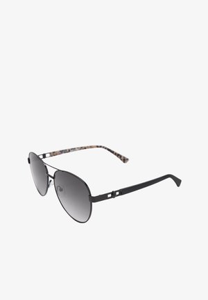 Zwarte piloten zonnebril met grijze gradientlenzen en een panterprint aan de binnenste armen, tegen een witte achtergrond.