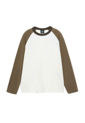 Langarmshirt met een witte romp en bruine raglanmouwen. Gemaakt van katoen, met een ronde halslijn en een ontspannen pasvorm.