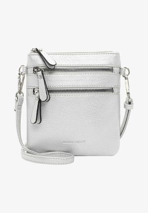 Silver crossbody bag made of textured leather, featuring multiple zippered pockets, a detachable strap, and a subtle logo on the front.