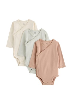 Tre langærmede bodystockings til baby i beige, lysegrå og afdæmpet lyserød med knaplukning i siden, arrangeret overlappende på en hvid baggrund.