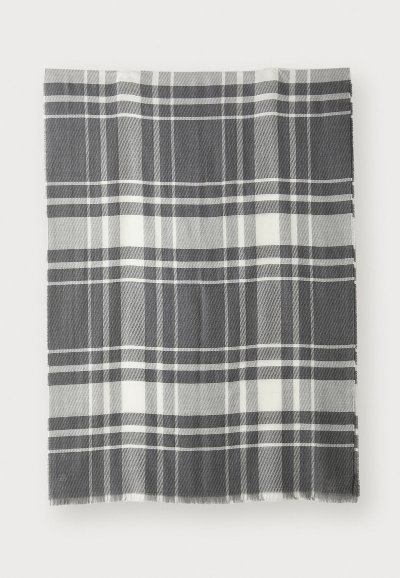 Gray plaid scarf featuring alternating dark and light gray squares with white accents. Soft texture, finished edges, and a classic design.