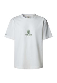 Camiseta de algodón blanca con cuello redondo. Presenta un logo impreso en verde en el pecho y un texto pequeño en la manga. Manga corta.