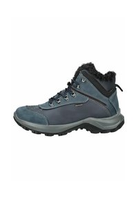 Scarponcino da trekking blu scuro con tomaia in pelle texturizzata, bordo in pelliccia sintetica, occhielli metallici e suola in gomma robusta per una migliore aderenza.