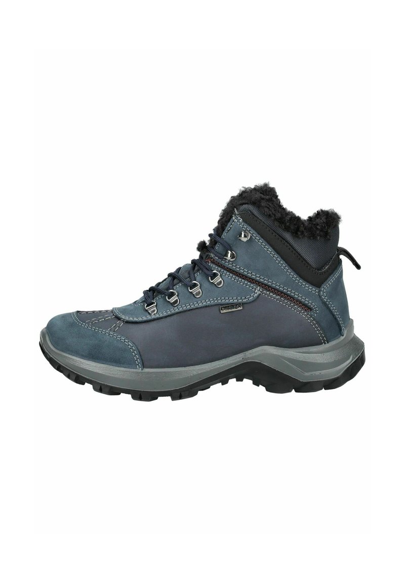 Scarponcino da trekking blu scuro con tomaia in pelle texturizzata, bordo in pelliccia sintetica, occhielli metallici e suola in gomma robusta per una migliore aderenza.