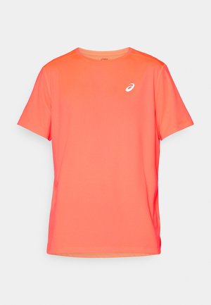 Short-sleeve athletic t-shirt in bright coral color, made of lightweight, smooth fabric with a white logo on the left chest.