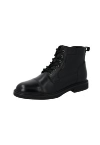 Botas de tobillo de cuero negro con puntera redondeada, cordones en la parte delantera y tirador en el talón. Textura suave con ojales metálicos y sutiles detalles de costura.