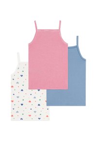 Three camisole tops: one pink with white stripes, one solid light blue, and one cream with multicolored heart patterns. All have thin straps.