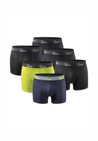 Six pairs of Puma boxer briefs in black, navy, and bright yellow, arranged in two rows on a white background.