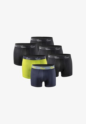 Six pairs of Puma boxer briefs in black, navy, and bright yellow, arranged in two rows on a white background.