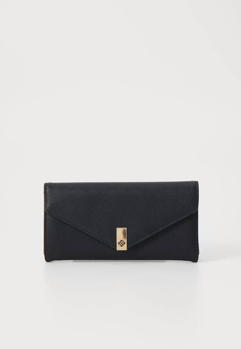 Navy vegan leather wallet with an envelope design; features a gold-tone clasp and embossed detailing on the front.