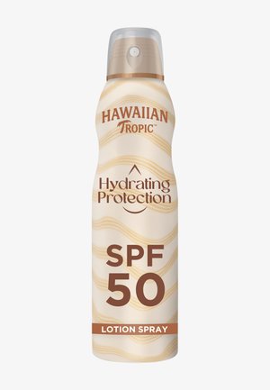 Hawaiian Tropic Hydrating Protection SPF 50 lotion spray met beige en lichtbruine golfdesign en spraysproeikap.