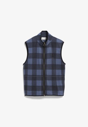Sleeveless vest in dark blue and black checkered pattern, featuring a high collar and full front zipper, made from a soft, textured fabric.