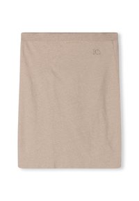 Beige bomuldsnederdel med en ensartet tekstur, der har en taljebånd og et lille broderet logo på den ene side. Firkantet form og knælang.