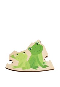 Wooden puzzle piece featuring two illustrated green frogs, one with a raised hand, set against a light wood background.