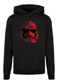 Juodas džemperis su geometriška raudona Stormtrooper šalmą vaizduojančia dizainu. Pagamintas iš minkštos medžiagos, su priekinia kišeniu ir reguliuojama kapučino kapišonu.