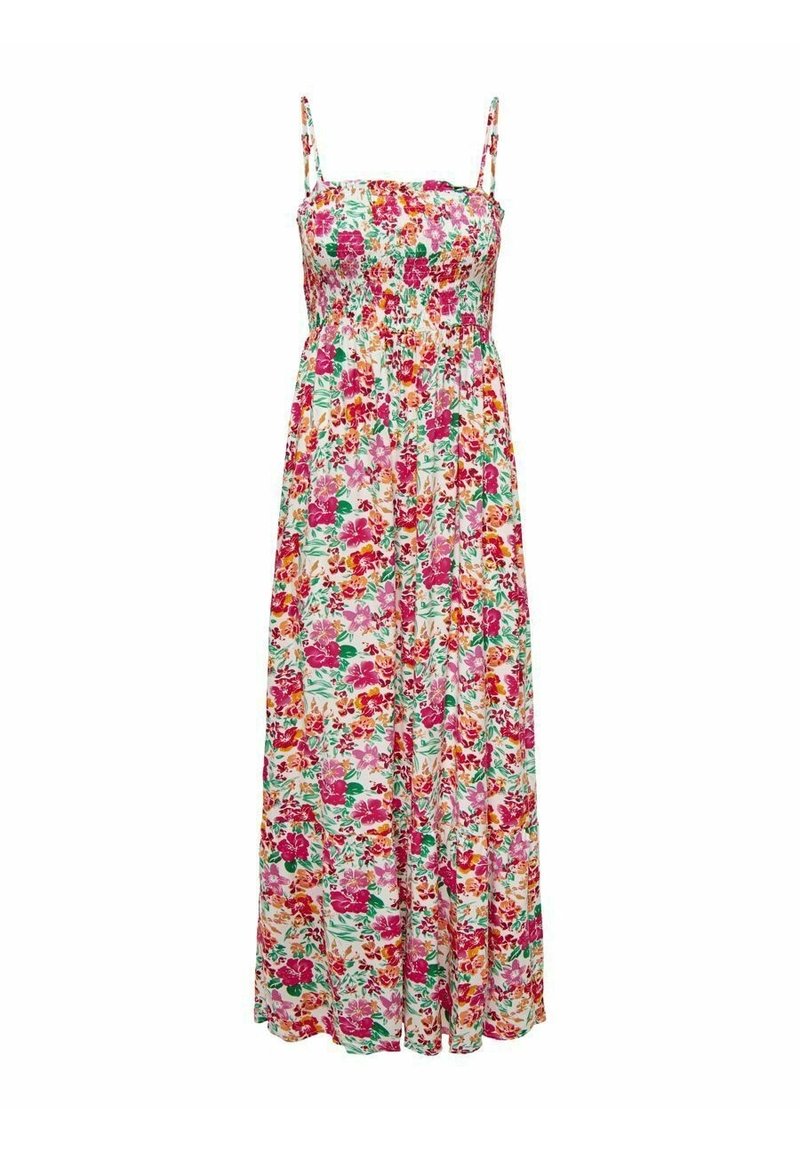 Maxiklänning i lättviktsmaterial med ett blommönster i rosa, rött och grönt, resårmidja och tunna axelband.