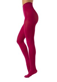 Magenta Strumpfhose mit glatter, undurchsichtiger Oberfläche und hohem Bund, die ein eng anliegendes Design aufweist, das vom Bund bis zu den Zehen reicht.