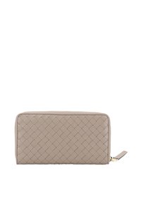 Beige leather wallet with a woven design. Features a zip closure and a gold-tone zipper pull. Smooth texture, rectangular shape.