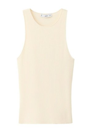 Débardeur côtelé de couleur crème, sans manches, avec un col rond et une petite étiquette de marque à l'intérieur du col au dos.