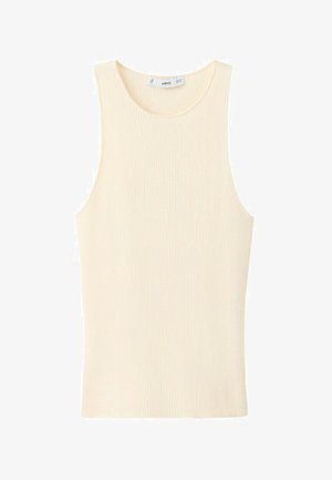 Kremno bež rebrast brezrokavnik s krožnim izrezom in majhno etiketo blagovne znamke na zadnjem notranjem ovratniku.