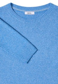 Hellblauer Pullover aus weichem, strukturiertem Stoff mit Rundhalsausschnitt und gerippten Bündchen. Das Etikett trägt den Schriftzug "CECIL". Einfaches und klassisches Design.