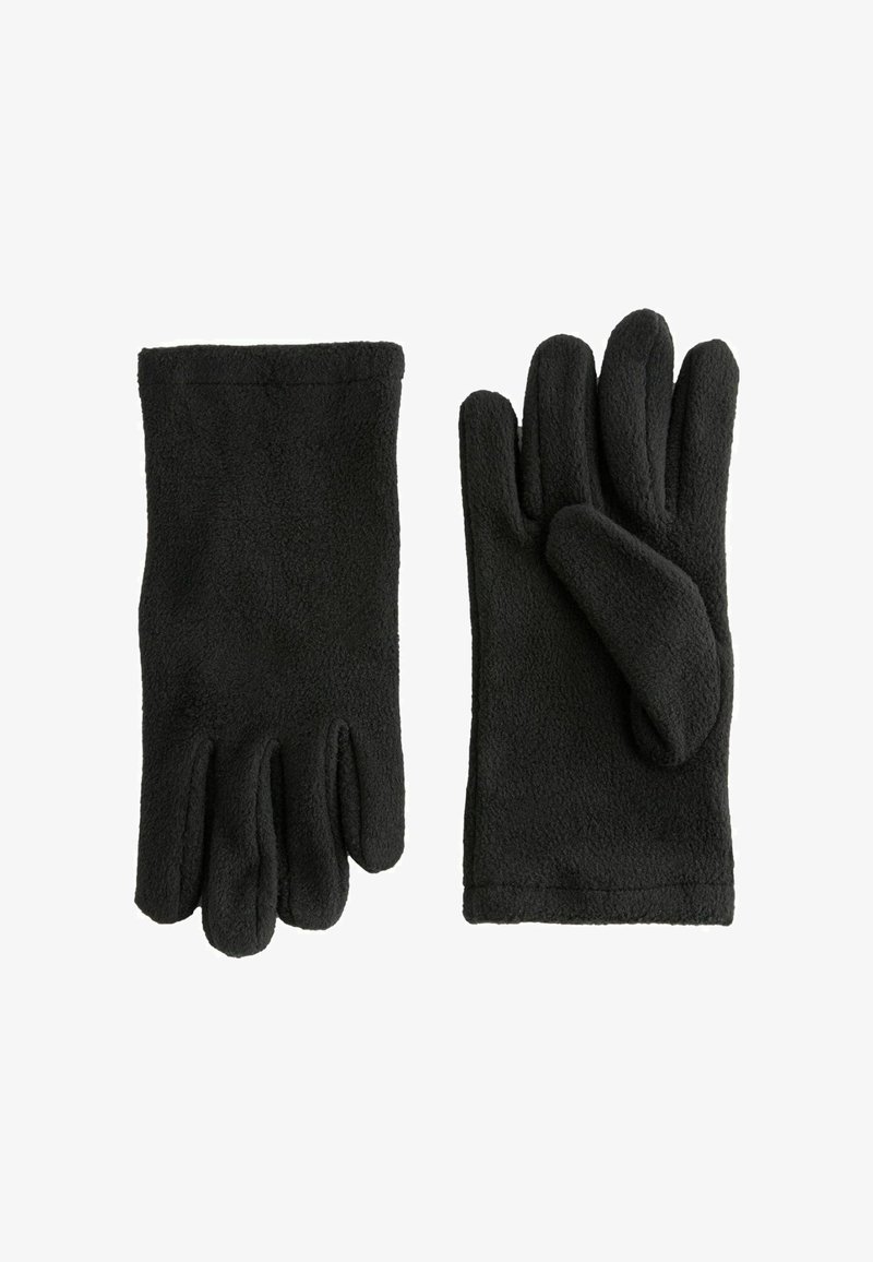 Guanti in pile neri con una texture liscia; uno è di design a quattro dita e l'altro ha il pollice separato. Stile semplice e funzionale.