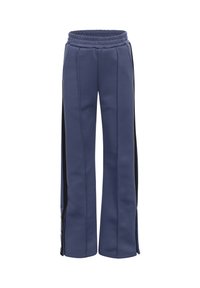 Marineblauwe sportbroeken met een elastische tailleband, zwarte zijstrepen en ritsen aan de onderkant. Gemaakt van zachte, duurzame stof.