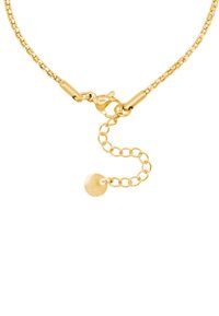 Gouden ketting met een gestructureerd oppervlak, voorzien van een karabijnsluiting en een verstelbare ketting met een ronde, platte hanger.