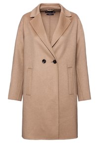 Béžový vlněný kabát s měkkou texturou, klopovým límcem, dvouřadým zapínáním na černé knoflíky a bočními kapsami.
