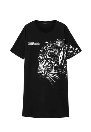 Black cotton t-shirt with short sleeves, featuring a large white leopard print design and "AllSaints" text in a bold font on the front.